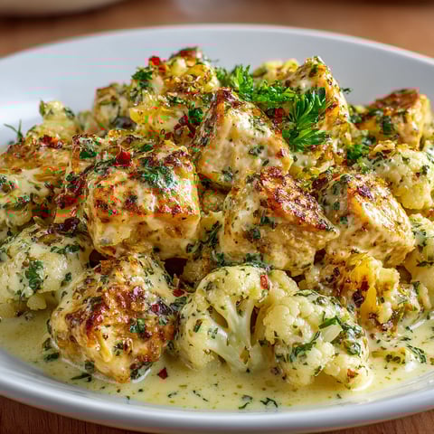 A plate of food with cauliflower and chicken.