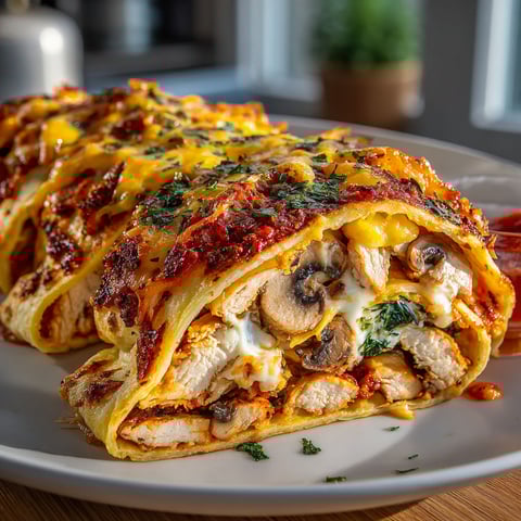 A plate of food with mushrooms and chicken.