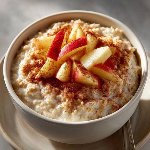 Owsianka z jabłkiem i cynamonem: Kremowa, ciepła owsianka, idealna na jesienne śniadanie, posypana jabłkami i cynamonem.