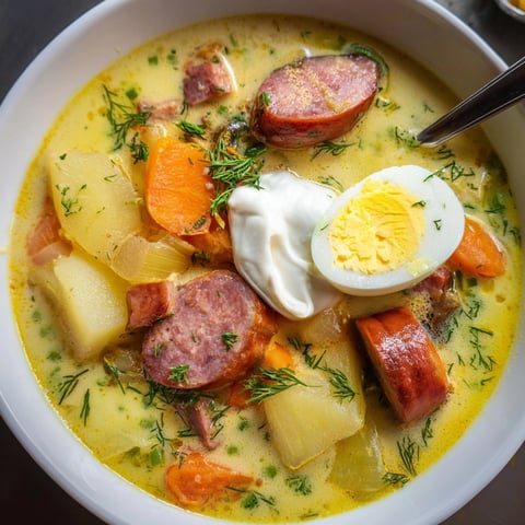 Kremowy Żurek ze wędzoną kiełbasą, tradycyjna polska zupa, gotowa do podania z jajkiem i koperkiem.