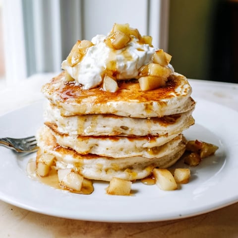 Fluffy cream soda apple pancakes topped with maple syrup and diced apples.  