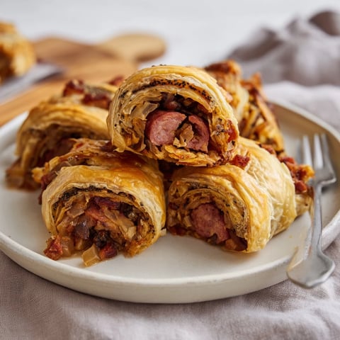 Świeżo upieczone Festive Bigos Puff Pastry Rolls z aromatycznymi składnikami w złocistej skórce.  