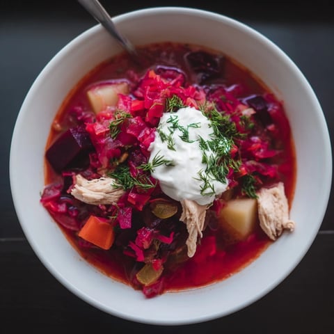 Zupa borszcz z burakami i kurczakiem, kukurydziane kawałki kurczaka w aromatycznym bulionie.  