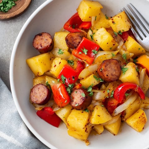 Syta patelnia z kiełbasą polską i ziemniakami, idealna na szybki obiad.  