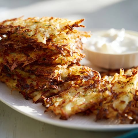 Cienkie, złociste kawałki placków ziemniaczanych idealne do maczania w sosie.  