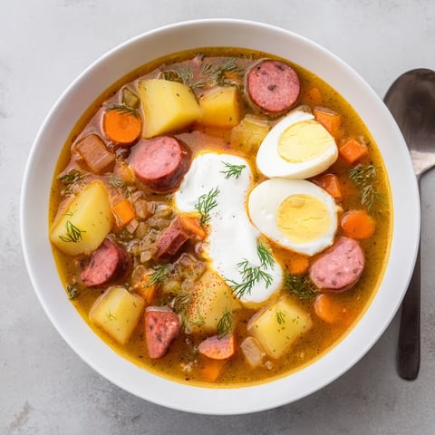 Kremowa zupa żurek z białą kiełbasą, ziemniakami i ugotowanymi jajkami.  