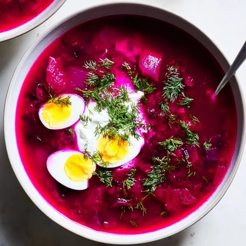Zupa barszcz z buraków i chrzanu, gorąca i aromatyczna, idealna na chłodne dni.  