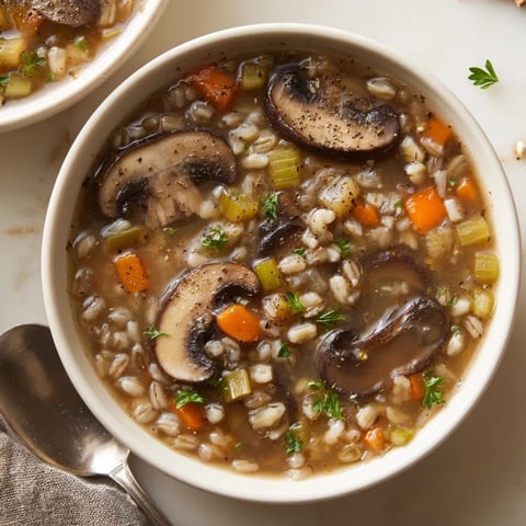 Zupę grzybową i jęczmienną z aromatycznymi ziołami w talerzu przyjemności.  