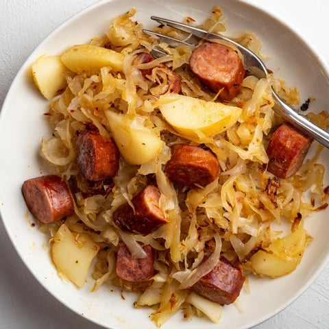 Aromatyczna tradycyjna kiełbasa z kapustą, podana z cebulą i przyprawami.  