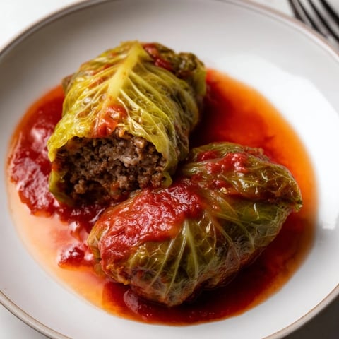 Wielkie liście kapusty nadziewane soczystym mięsem i ryżem, duszone w sosie pomidorowym.  