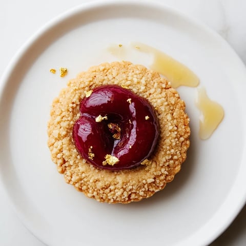 Mini honey-cherry shortbreads glistening with honey and topped with vibrant, juicy cherries for dessert.