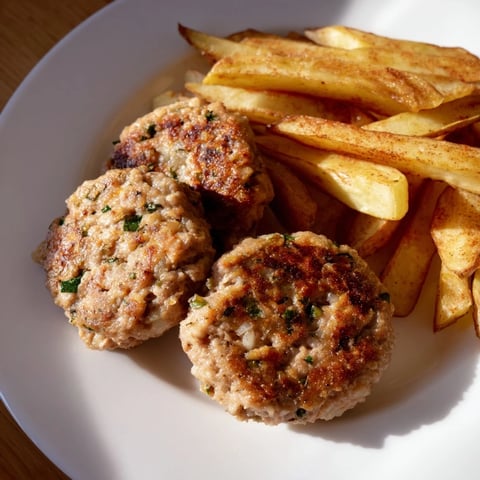 A hearty plate of Chaotic Polish Meat Patties with golden, crispy fries, ready to enjoy.