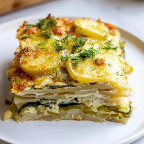 Surrealistyczna Zapiekanka Żaba, a Polish-inspired casserole, with bubbly cheese and fresh dill garnish.