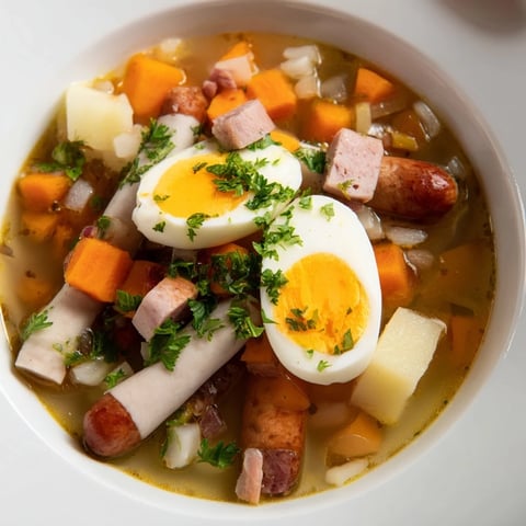Zdjęcie apetycznej miski tradycyjnego żuru, bogatego w warzywa, kiełbasę i jajka na obiad.