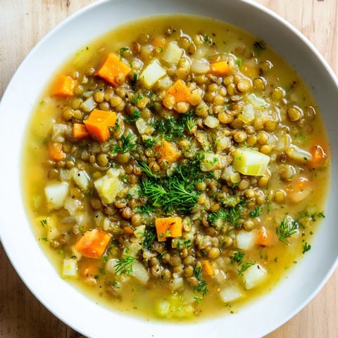Polish-Style Lentil Soup with Curry and Coconut Milk, a steaming bowl with fresh herbs, ready to serve.