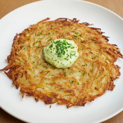 Golden-brown potato pancakes with creamy wasabi-avocado dip, a flavorful fusion appetizer.