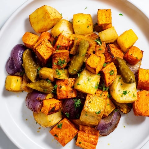 Vibrant photo of Winter Root Vegetable Hash with smashed pickles, ready to enjoy with fresh parsley.
