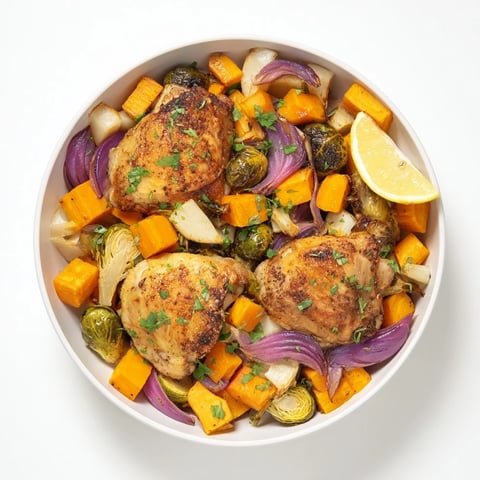 Jednorynkowy pieczone warzywa zimowe z udek kurczaka lub tofu, przedstawiające apetyczne pieczone warzywa.