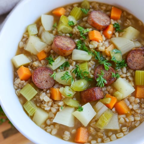 Zdjęcie apetycznej miski domowej zupy jęczmiennej z pysznymi warzywami i kiełbasą.