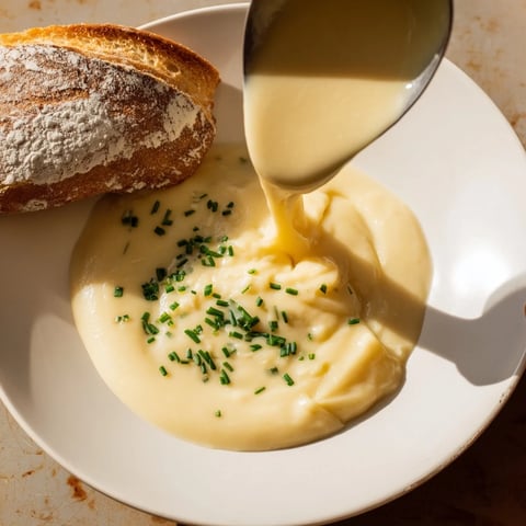 Warm, creamy homemade potato and leek soup, served with a freshly baked golden crust bread.