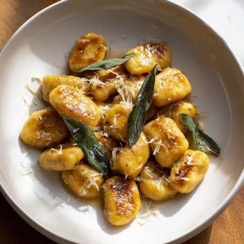 Pyszne danie: Złociste, smażone gnocchi z aromatycznym brązowym masłem i świeżą szałwią.