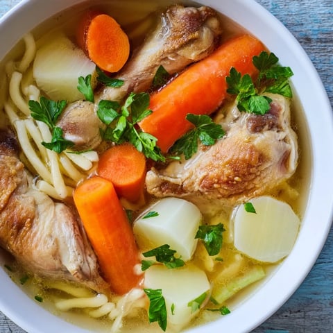 Polish Chicken Soup (Rosół) with vegetables, steaming and ready to serve with fresh herbs.