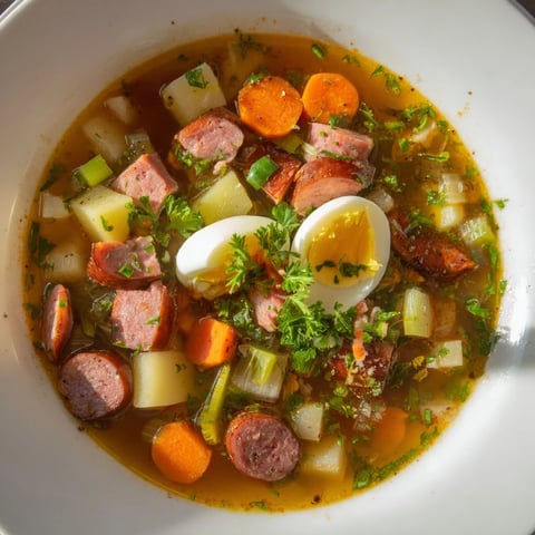 A steaming bowl of Polish Żurek soup with kielbasa, carrots, and hard-boiled egg garnish.