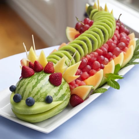 Dragon-Shaped Fruit Tray bursting with fresh, vibrant fruits, a fun party appetizer on display.