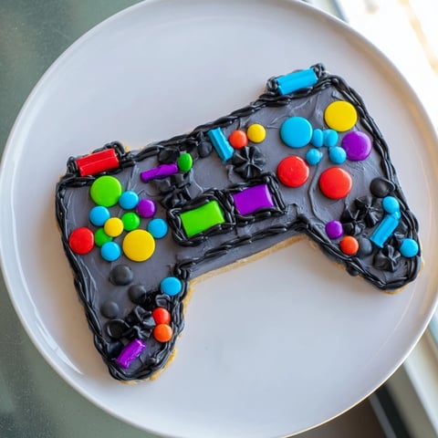 A vibrantly frosted Pixel Perfect Video Game Controller cake, decorated with colorful candy buttons.