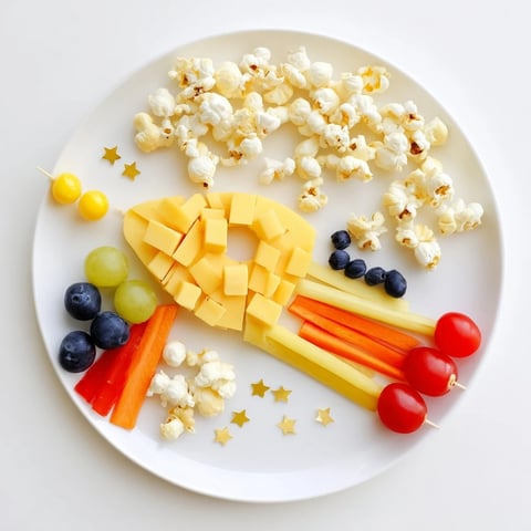 Blast Off Spaceship Snack Board: A colorful, kid-friendly arrangement of crackers, veggies, cheese, and dips.