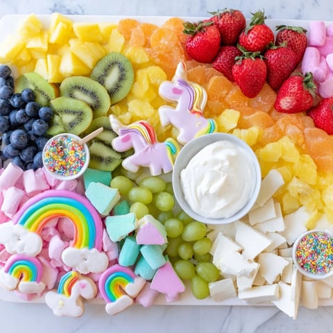 Magical Unicorn Rainbow Dessert Board on a wooden board ready for a celebration.
