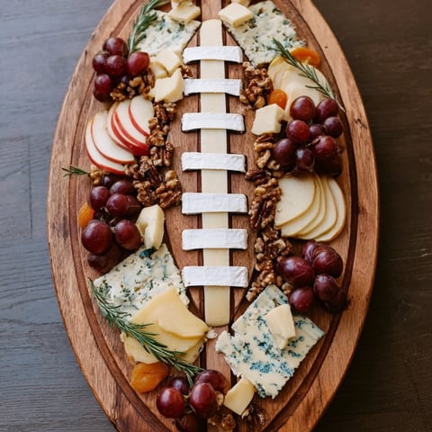 Deska serów w kształcie piłki do rugby z winogronami, orzechami i owocami dla gości.