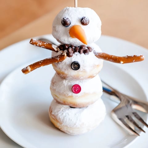 Mini Donut Snowman stacks on skewers, ready to serve, adorned with candy and pretzels.