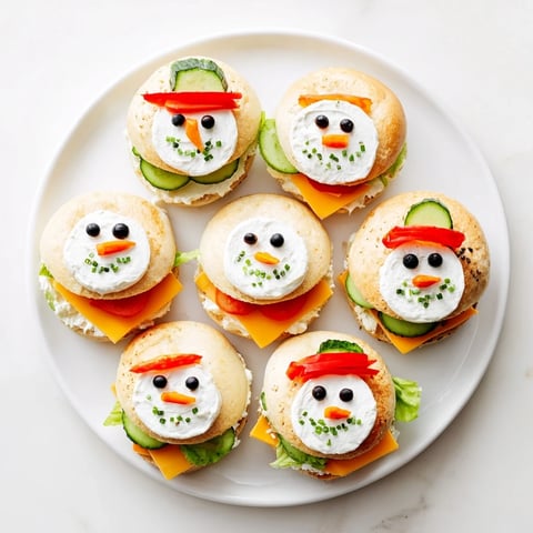 Snowman Mini Bagel Sandwiches: Festive, smiling snowmen sandwiches with olive eyes and carrot noses.