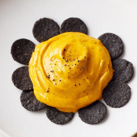 Czarnoczarne krakersy otaczają jasny, kremowy dip z pieczonej marchewki i kurkumy, tworząc "The Midnight Sun".