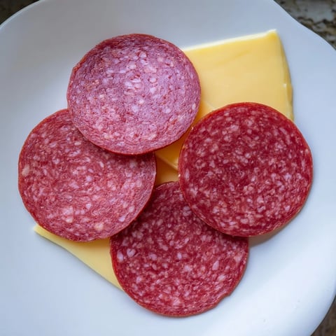 A vibrant Tudor Rose appetizer, salami petals encircle yellow cheese in this easy dish.
