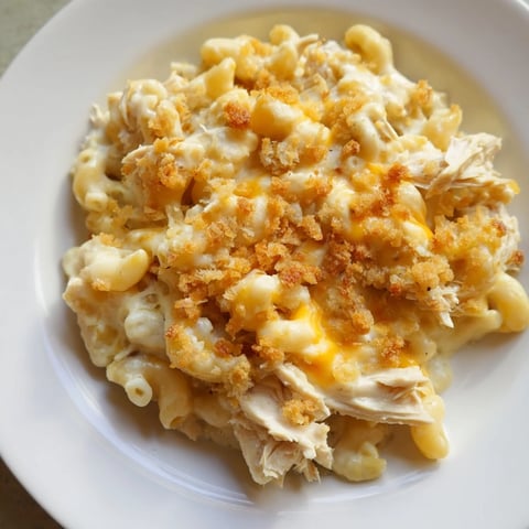 A warm bowl of Struggle Meal Chicken Macaroni, layered with bubbly cheese and golden breadcrumbs.