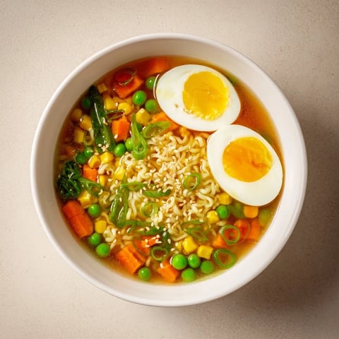 Ulepszone ramen z mrożonym groszkiem w bogatym bulionie, idealne na szybki obiad.