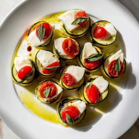 Delicious Zucchini Caprese Bites: Baked zucchini topped with fresh mozzarella, tomatoes, and balsamic glaze.