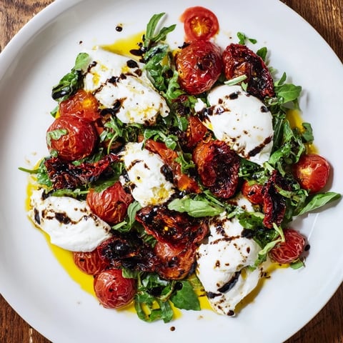 Tomato Flight Salad with vibrant roasted tomatoes and creamy burrata cheese.