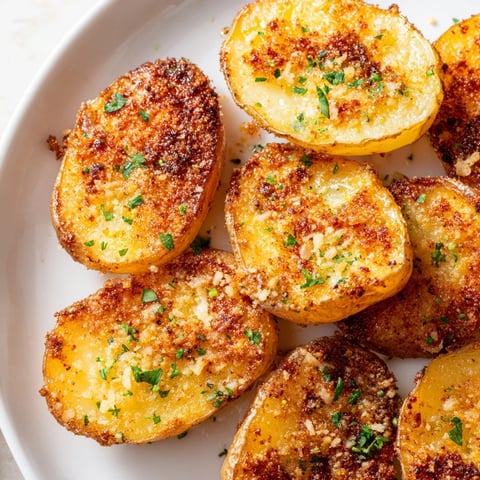 Ultra-crispy Garlic Parmesan Potatoes, golden brown and ready to eat, a perfect side dish.