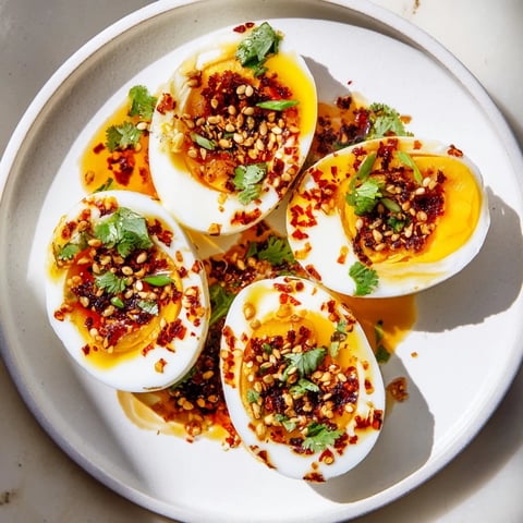 Pyszne, jarmułkowe jajka z domowym olejem chili, idealne na śniadanie lub przekąskę.