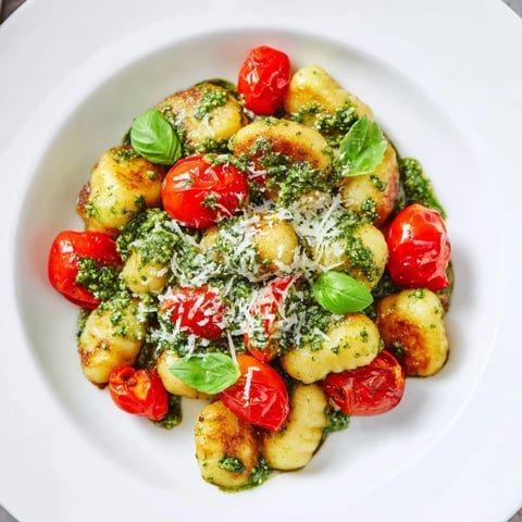 Golden, crispy gnocchi with pesto, cherry tomatoes, and Parmesan promise a flavorful Italian dinner.