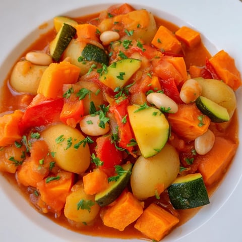 A steaming bowl of Hearty Vegan Sweet Potato Stew with vibrant vegetables and herbs; so delicious.
