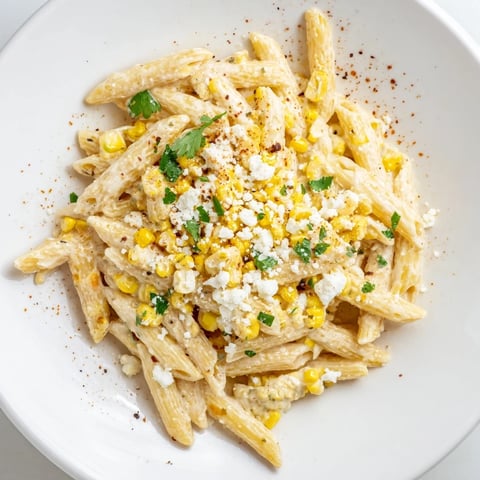 Creamy Mexican Street Corn Pasta, topped with cotija and cilantro, ready to be devoured.