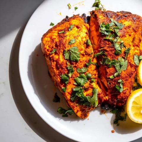 Indian Tikka Salmon, beautifully red-orange, shows flaky texture and is ready to be served.