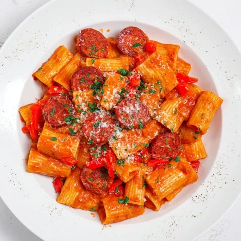Savory Spanish chorizo pasta, coated in a rich tomato sauce, ready to serve with cheese.