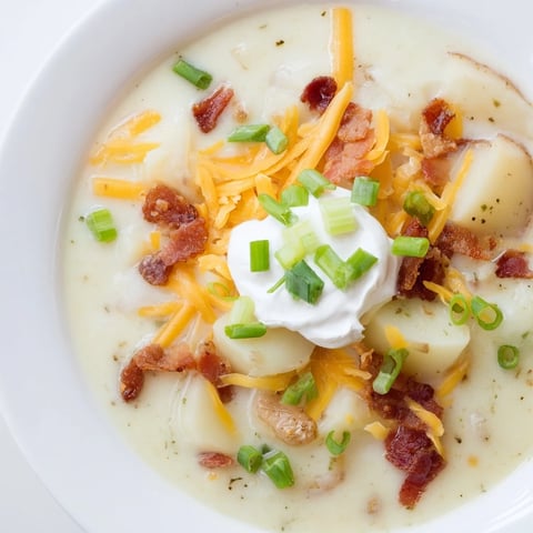 Warm, creamy Loaded Baked Potato Soup topped with cheddar, bacon, and fresh green onions.
