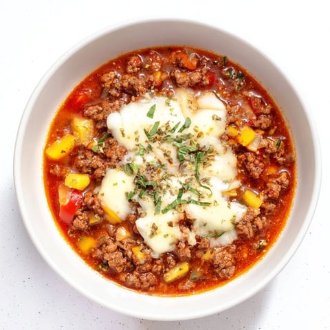 Zupa pizza z gęstym, aromatycznym bulionem, mięsem i roztopionym serem mozzarella.