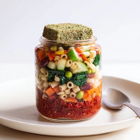 Minestrone Soup in jars, showing colorful layers of vegetables and ready-to-eat pasta.